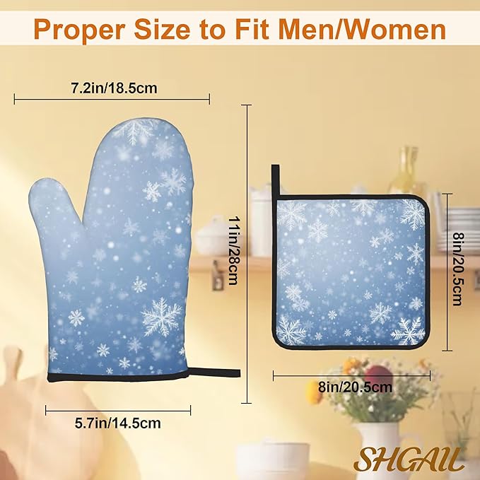 Winter Snowflakes Oven Mitts and Heat Resistant Pads - Heat Resistant Gloves Potholder Set of 4 for Cooking, BBQ, Gifts for Women