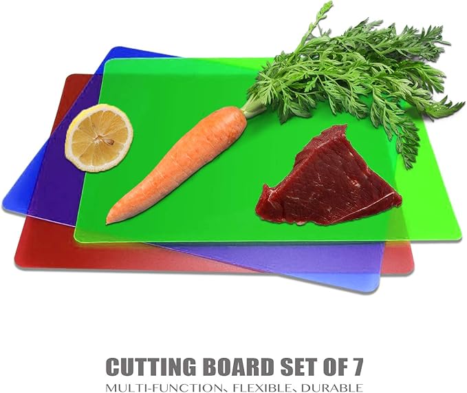 Fotouzy Plastic Cutting Boards for Kitchen, Flexible Cutting Mats Set of 7, BPA-Free, Non-Porous, Dishwasher Safe, 15x12 In, 7 Translucent Colors - Image 6