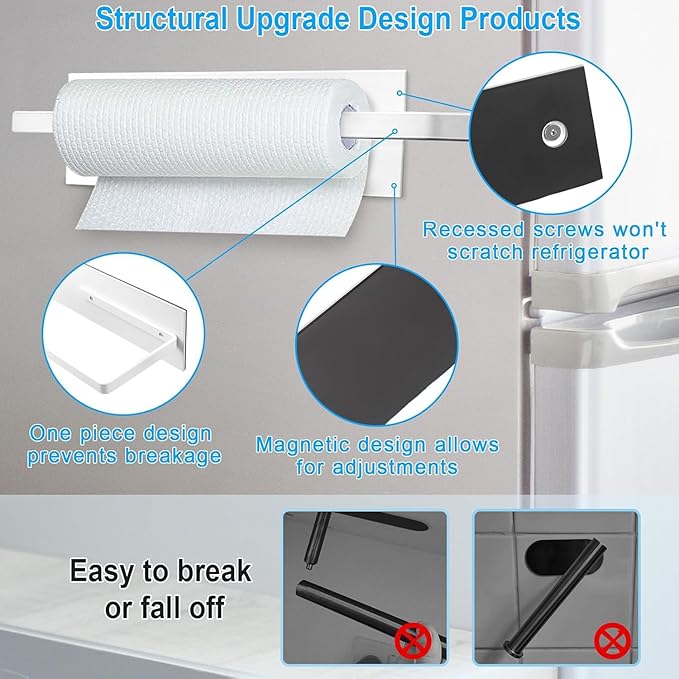 Magnetic Paper Towel Holder for Fridge, Toilet Paper Roll Holder Magnetic Paper Towel Rack Wall Mount Fridge Organizer for Papers Towels Roll Bathroom Toilet Garage RV Decor Kitchen Organization White - Image 5