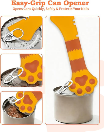 6 PCS Cat Food Can Covers Lids Set, Multi-Function Cat Food Spoon & Silicone Storage Lids with Opener, Cat Bar Squeezer, Stainless Steel Wet Food Spoon for Feeding, Storage and Cats & Dogs (Orange)
