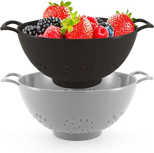 Meadow Lane 6-inch Small Colander, BPA-Free, Dishwasher Safe, Double Handles, Compact Food Strainer for Berries, Veggies and Pasta, 3-Cup Capacity, Black and Gray, 2-Pack by MeadowLane
