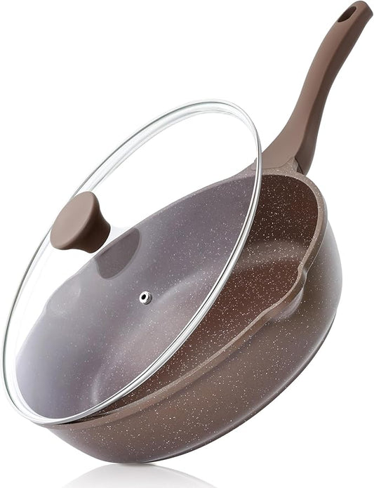 SENSARTE Nonstick Deep Frying Pan Skillet, 12-inch Saute Pan with Lid, Stay-Cool Handle, Healthy Cookware Cooking Pan with Cover, Induction Compatible (Toffee Brown) by SENSARTE