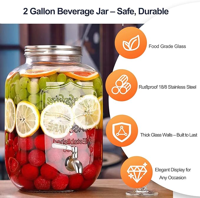 2 Gallon Drink Dispensers for Parties, 2 Pack Glass Beverage Dispenser with Stand & 18/8 Stainless Steel Spigot, Lemonade Jug for Wedding, Picnic, BBQ - Image 3