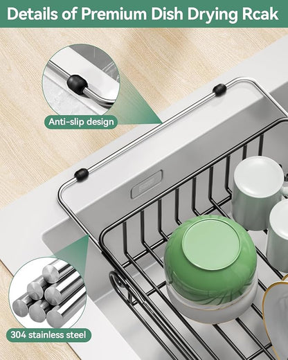 Expandable Dish Drying Rack for in-Sink, Over-Sink, and Counter Use, Dish Drainer with Removable Cutlery Holder, Space Saving & No Assembly Needed 10.5" W x 15" L
