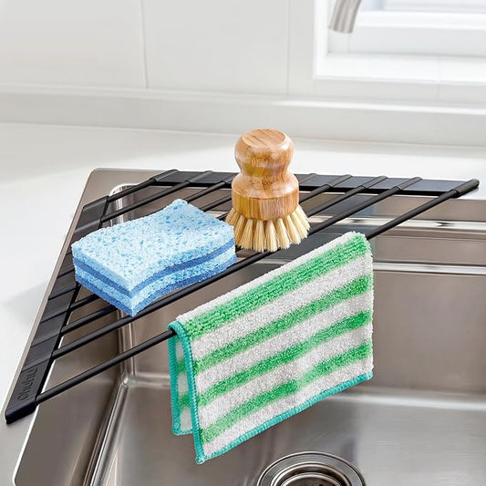 Corner Sink Caddy, Ohuhu Sponge Holder for Kitchen Sink Organizer Silicone Wrapped Steel Anti Slip Rust Triangle Over the Sink Dish Drying Rack for Sink Corner Multipurpose Drainer Trivet Space-Saving by Ohuhu
