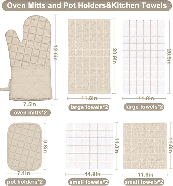 Oven Mitts Pot Holders Sets/Kitchen Towels and Dishcloths, Oven Gloves Kitchen Dish Towels 500 Degree Heat Resistant Potholders with Non-Slip Silicone Surface for Cooking, Grilling, Baking-Milkshake - Image 2