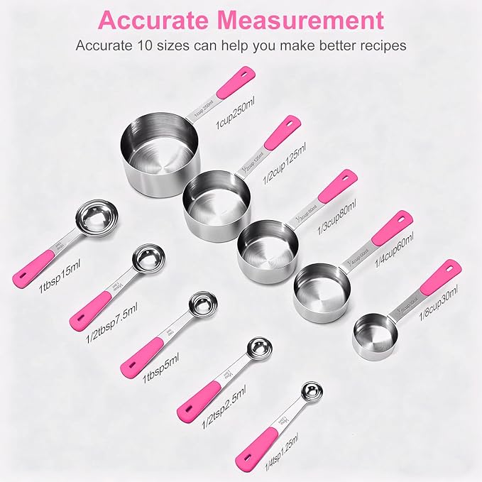 Bopei Measuring Cups and Spoons Set Stainless Steel 10 Piece for Cooking and Baking (5 Cups + 5 Spoons, Pink Handle) - Image 2