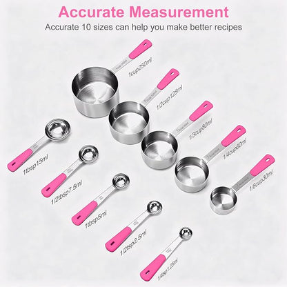 Bopei Measuring Cups and Spoons Set Stainless Steel 10 Piece for Cooking and Baking (5 Cups + 5 Spoons, Pink Handle) - Image 2
