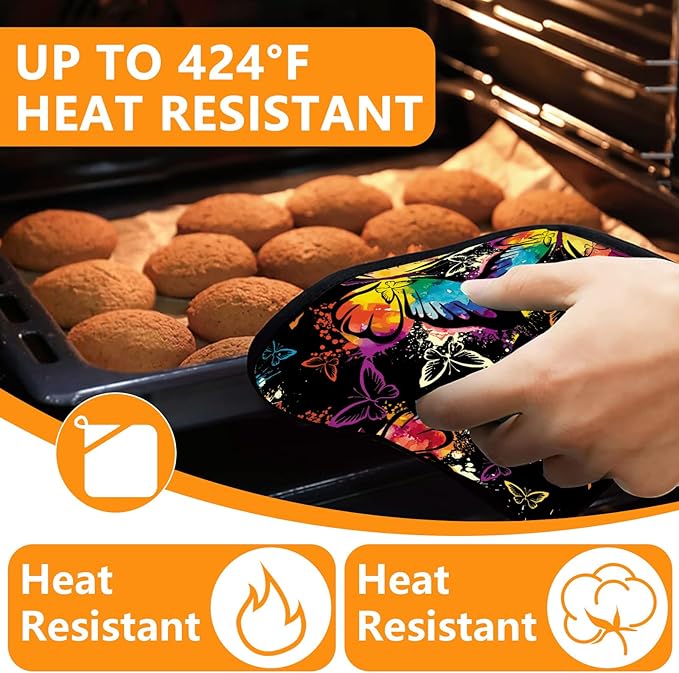 Colorful Butterfly Oven Mitts and Pot Holders Sets 4Pcs,Extra Long Oven Gloves Potholder for Kitchen Cooking Baking BBQ 100% Cotton Heat Resistant - Image 4