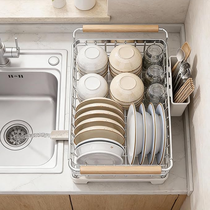 Dish Drying Rack for Kitchen Counter, Stainless Steel Dish Rack with Drainboard, Wooden Handles, Large Capacity Countertop Dish Rack for Plates, Bowls, Cups & Utensils