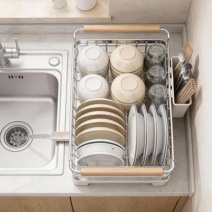 Dish Drying Rack for Kitchen Counter, Stainless Steel Dish Rack with Drainboard, Wooden Handles, Large Capacity Countertop Dish Rack for Plates, Bowls, Cups & Utensils