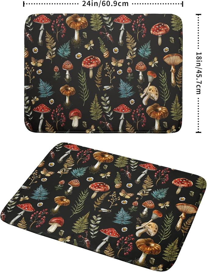 Natural Botanical Dish Drying Mat Mushroom Fern Leaves Berry Drainer Mat Black Drying Pad for Countertop 18 X 24 Inch - Image 2