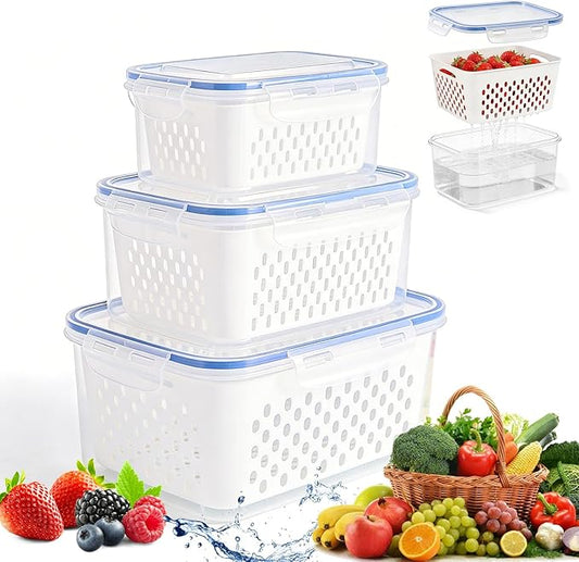 4 in 1 Food Storage Container,Fruit Storage Containers for Fridge,Produce Storage Containers with Lid and Strainer,Including Drain Basket,Keep Berry Fruit Fresh Longer(3PC-White)
