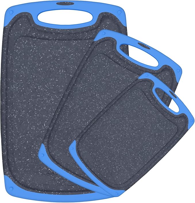 Viretang Non Slip Cutting Board, 3 Pieces Dishwasher Safe Cutting Boards with Juice Grooves, Easy Grip Handle, Non-Slip, with Grinding Area for Grinding Garlic and Ginger（blue） by Viretang
