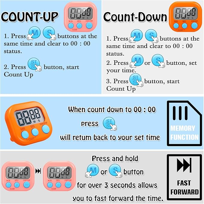 Xuhal 50 Pieces Digital Kitchen Timer Bulk, Small Magnetic Timers for Classroom, Digits Stopwatch Clock Timer for Cooking Baking Sports Games Office, Not Including Battery (Pink,Orange) - Image 4