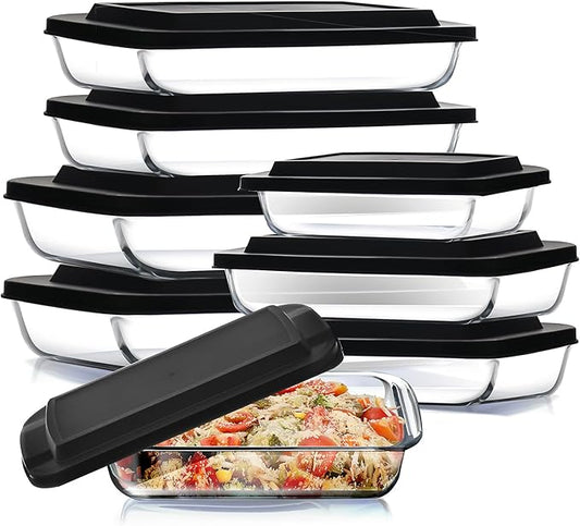 Nestl 16 pc Glass Baking Dishes for Oven, Glass Food Storage Containers with Lids, Leakproof Casserole Dishes for Oven with Lid, Cooking, Microwave Oven Freezer Safe Bakeware, 9x13 Lasagna Pan Black by Nestl
