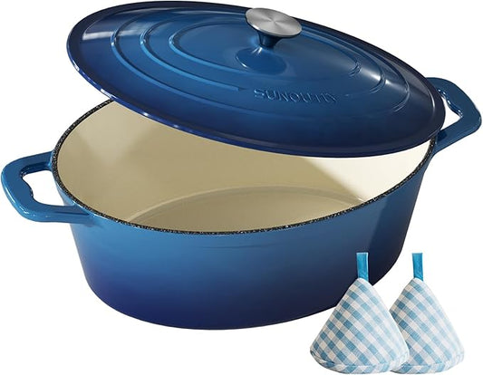 Enameled Cast Iron Dutch Oven - 9.3QT Dutch Oven Pot with Lid & Cotton Potholders - Heavy-Duty Non Stick Casserole Pot for Braising, Stews, Roasting, Baking, Suitable for All Stovetops, Navy Blue by SUNOUTLY