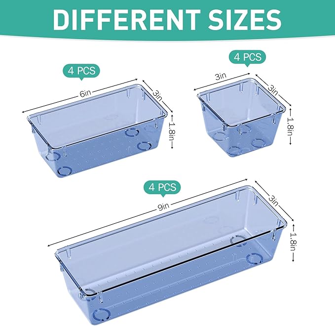 WOWBOX 9 Pack Clear Drawer Organizer Set, Acrylic Drawer Storage Trays, Storage Bins for Makeup, Cosmetics, Jewelries, Utensils, Gadgets, Office, Dark Blue - Image 2