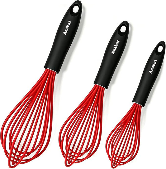 Anaeat Silicone Whisk, Thick Stainless Steel Wire Inner - Heat Resistant Kitchen Whisks for Non-Stick Cookware, Balloon Egg Beater for Whisking, Blending, Beating, Frothing & Stirring (Red) by Anaeat