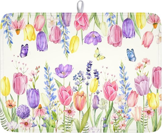 Spring Floral Dish Drying Mat for Kitchen Counter Easter Tulip Lavender Flower Microfiber Dish Drainer Mat Rustic Farmhouse Absorbent Washable Drying Pad Extra Large 18"x24"
