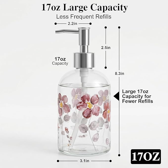 17oz Glass Soap Dispenser with Plastic Pump for Kitchen and Bathroom, Refillable Liquid Clear Bottle for Dish Soap & Hand Soap(Flower)
