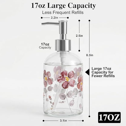 17oz Glass Soap Dispenser with Plastic Pump for Kitchen and Bathroom, Refillable Liquid Clear Bottle for Dish Soap & Hand Soap(Flower)