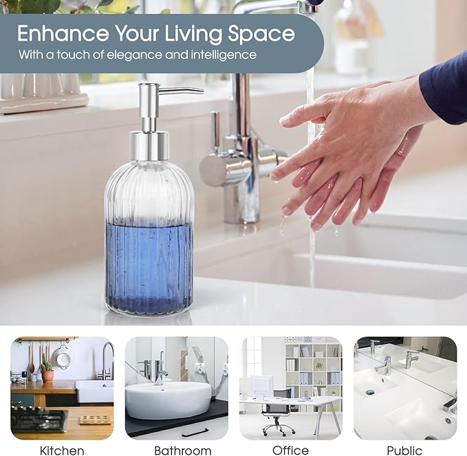 Topsky Stripe Glass Soap Dispenser with Plastic Pump, 400ml Liquid Hand Soap Dispenser, Rustproof Pump for Kitchen & Bathroom, Great for Lotions, Essential Oil, Liquid Soaps,Transparent - Image 6