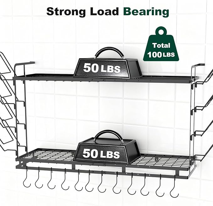 Housolution Pot Rack Wall Mounted, 22''-30'' Length Expandable, 3 Level Height Adjustable, 2 Tier Heavy Duty Hanging Cookware Pan Organizer with 12 Hooks and 8 Lid Holders - Image 7