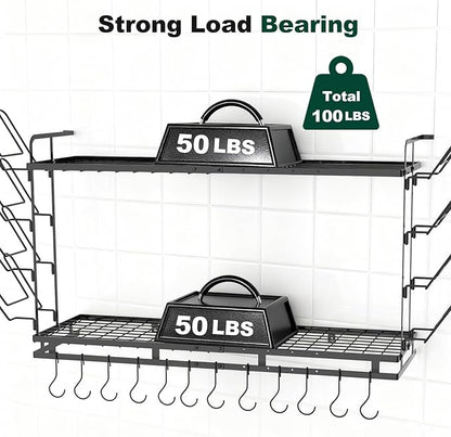 Housolution Pot Rack Wall Mounted, 22''-30'' Length Expandable, 3 Level Height Adjustable, 2 Tier Heavy Duty Hanging Cookware Pan Organizer with 12 Hooks and 8 Lid Holders - Image 7