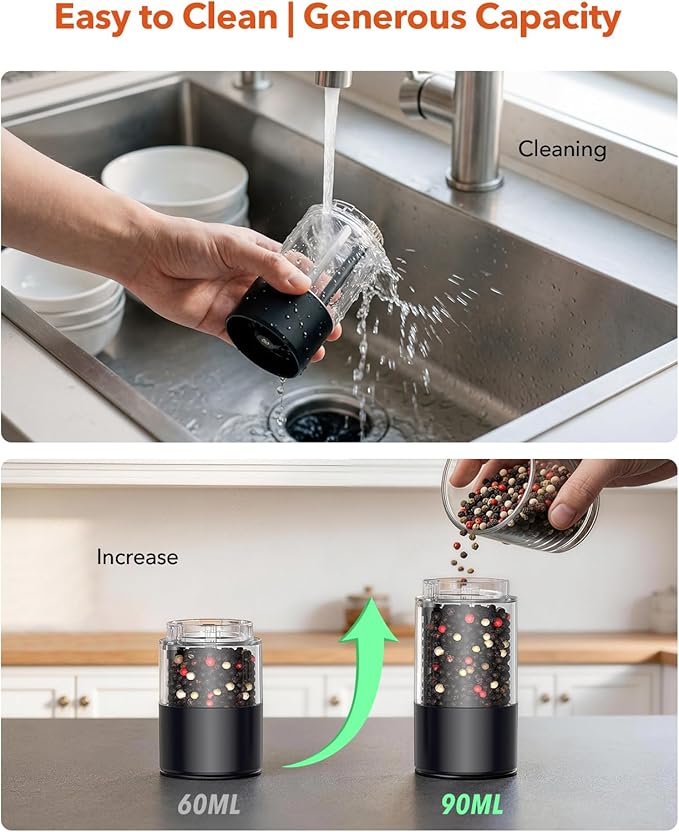 TOMEEM Electric Salt and Pepper Grinder Set with LED Lights，Rechargeable Automatic Pepper and Salt Mill with 6 Adjustable Coarseness, Dust Cover, One-Button Control for Cooking, Home Gifts