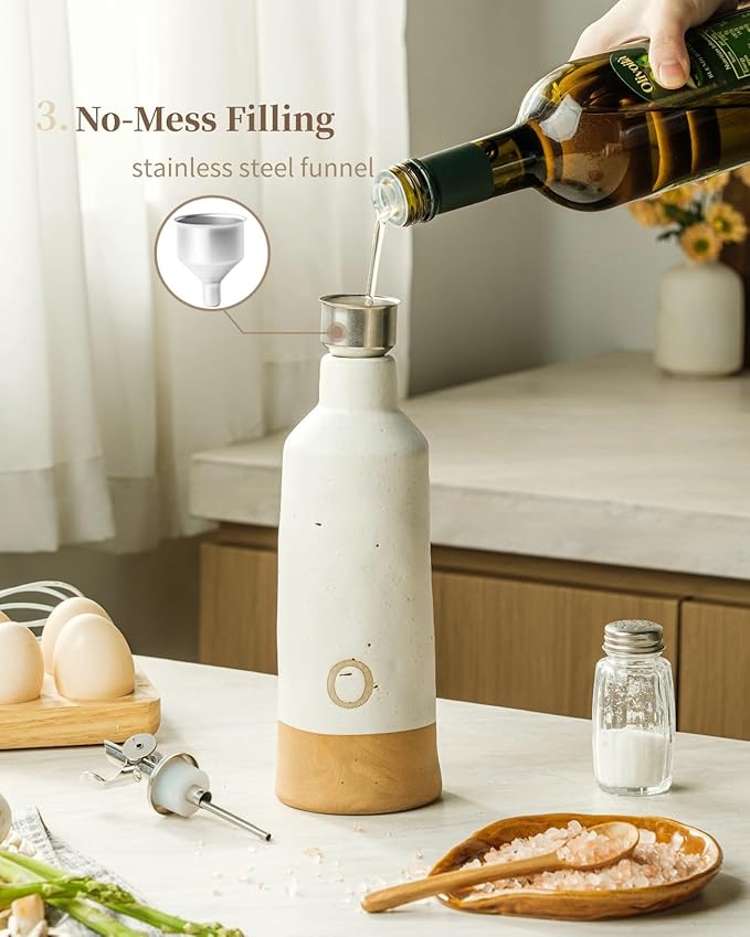 Besmeety 18oz Olive Oil Dispenser Bottle for Kitchen, Ceramic Oil and Vinegar Dispenser Set with Automatic Stainless Steel Pourer