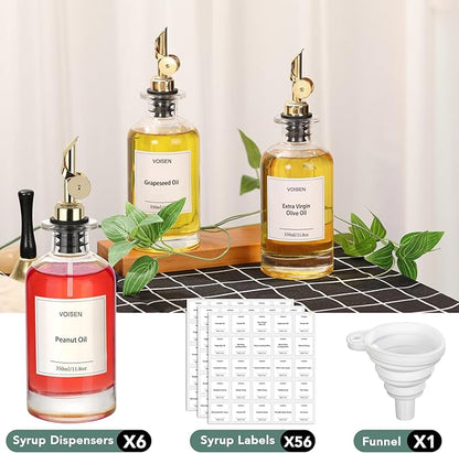 VOISEN Olive Oil Dispenser Bottle for Kitchen, Glass Oil Bottle Set of 6, Coffee Syrup Dispenser,Glass Oil Container with Metal Pourer,Funnel,56 Waterproof Labels - Image 2