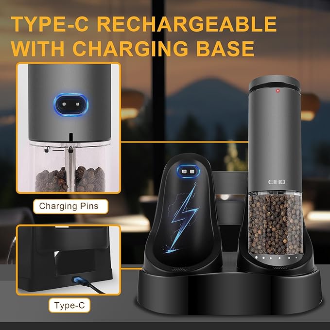 EIHO Electric Salt and Pepper Grinder Set USB Rechargeable, Upgraded External Adjustable Coarseness, Aluminum Alloy Automatic Salt and Pepper Shakers Mills with LED Light, House Warming Cooking Gifts - Image 9