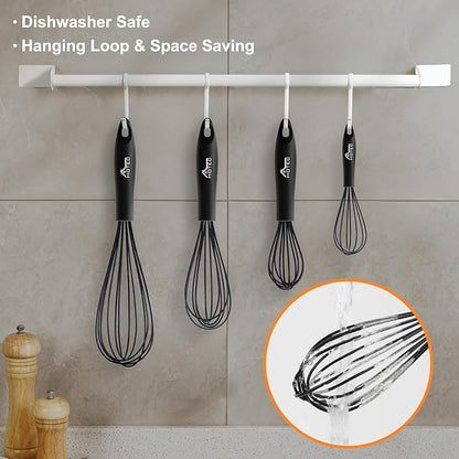 HOTEC 4 Pieces Silicone Whisks Set, Wire Balloon Whisks Egg Beater, Non-slip Handle Whisk for Non-stick Cookware Perfect for Cooking, Stirring, Beating and Blending (Black) - Image 9