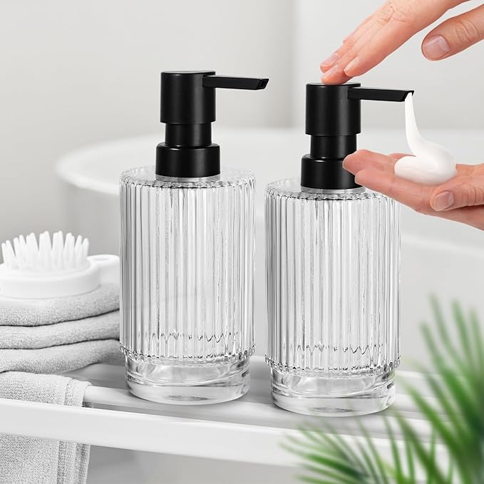 VIMERPA Glass Soap Dispenser with Pump, 2 Pack 11 fl oz Clear Hand Soap Dispensers for Bathroom, Ribbed Style Dish Soap Dispenser for Kitchen, Modern Refillable Liquid Soap Pump Bottle