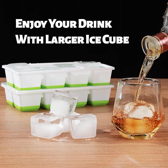 Large Ice Cube Trays with Lid, Jrisbo 2 Pack Stackable Silicone Ice Cube Molds for Freezer, Easy Release 16 Big Square Ice Trays for Whisky Cocktails - Image 3