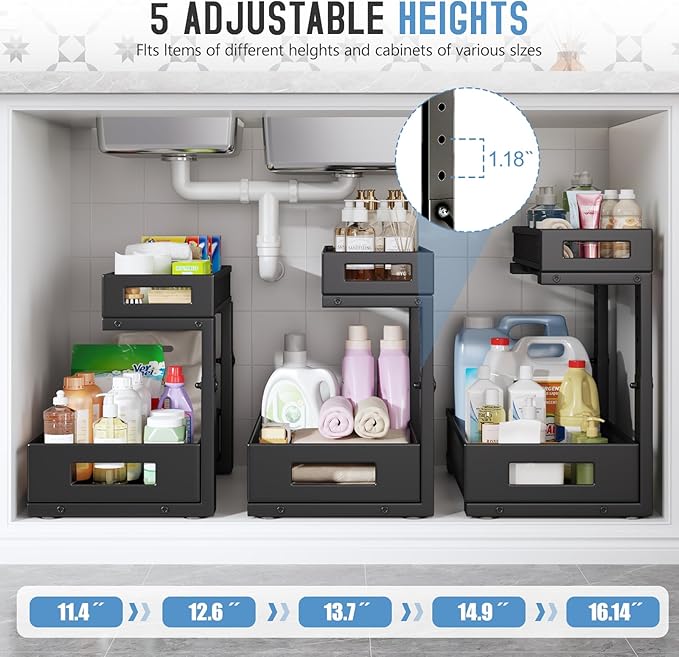 1 Pack-11.4"-16.14"H Under Sink Storage Organizer, Large 2-Tier Elegant Mesh Pull Out Shelf for Kitchen and Bathroom Cabinet Organization, L-Shaped and Adjustable Height Design for Maximum Space-Black - Image 5