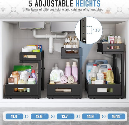 1 Pack-11.4"-16.14"H Under Sink Storage Organizer, Large 2-Tier Elegant Mesh Pull Out Shelf for Kitchen and Bathroom Cabinet Organization, L-Shaped and Adjustable Height Design for Maximum Space-Black - Image 5