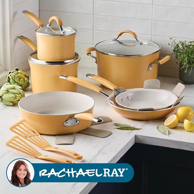 Rachael Ray Cucina Ceramic Cookware Set - 13 Pieces - Ceramic Pots and Pans Set w/Nonstick Frying Pans, Saute Pan, Saucepans, Stockpot, Lids, Pan Protectors & Cooking Utensils - Turmeric - Image 8