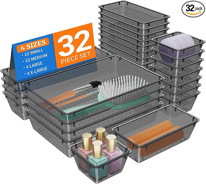 StorMiracle 32 PCS Clear Plastic Drawer Organizer Set, 4-Size vanity organizer Trays and Storage Bins for Makeup, Jewelry and Gadgets in Bedroom, Bathroom and Office, Clear Black by StorMiracle