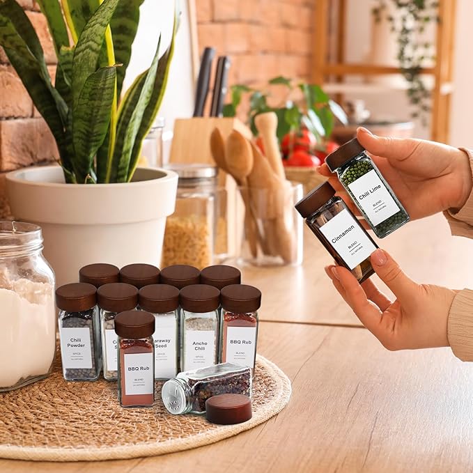 30 Pcs Spice Jars, 4oz Seasoning Containers with Acacia Wood Shaker Lids, Glass Spice Bottles with Labels, Square Seasoning Organizer, Kitchen Spice Container - Image 7