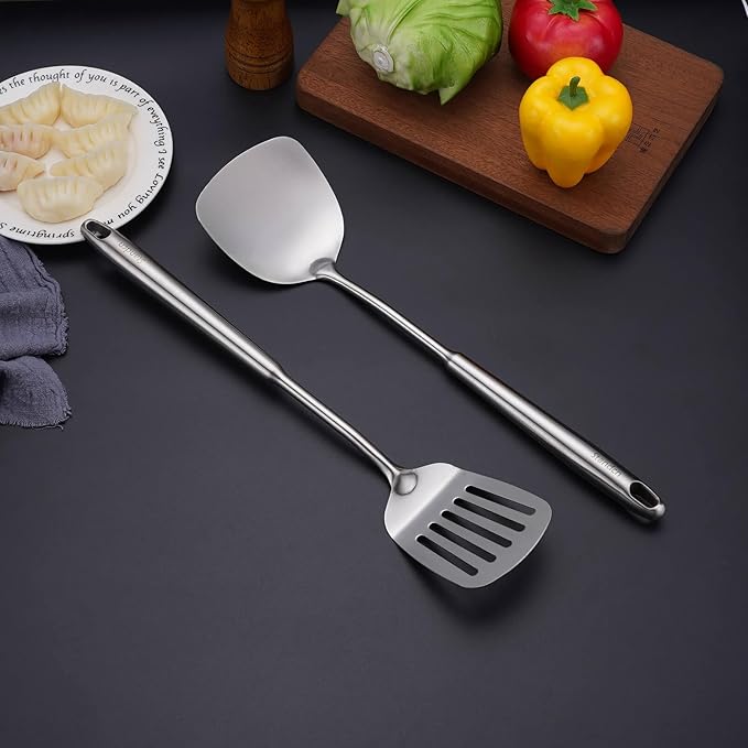 18/10 Stainless Steel Kitchen Utensils Set, 6 PCS All Metal Professional Cooking Utensils, 15" Long Kitchen Tools - Spatula, Ladle, Skimmer Spoon, Pasta Serve, Large Spoon, Slotted Spatula Tunner - Image 7