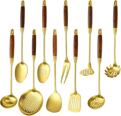 Izurok 18/10 Stainless Steel Kitchen Utensils Set,10 Piece Cooking Utensils With Wood Handle,Heat Resistant Kitchen Tool Set With Spatula,Spoon,Ladle,Skimmer,Slotted Turners,Pasta,Turner,Ladl,Fork by IzurokBuynow