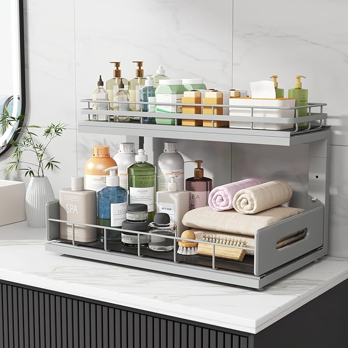 Under Sink Organizer Upgrade To Professional Rails,2-Tier Dual Pull Out Cabinet Storage,Height Adjustable Slide Out Drawers For Bathroom Kitchen,1 Pack-18.5"Dx12.8"-16.9"H,Gun Gray - Image 8