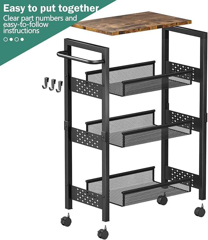 Vivihomety Utility Slim Storage Cart with Wheels, 4-Tier Narrow Rolling Organizer Shelf with Wood Top, Metal Storage Rack and Space-Saving Organizer for Bathroom, Kitchen, Laundry Room, Small Spaces - Image 8