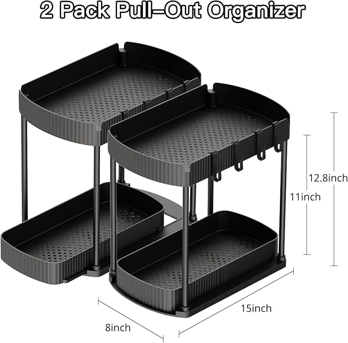 Ukeetap Multi-Purpose Pull-Out Storage Organizers, Under Sink/Cabinet Organizers and Storage for Bathroom & Kitchen, Black, 12.8 Inches, 2 Packs - Image 2