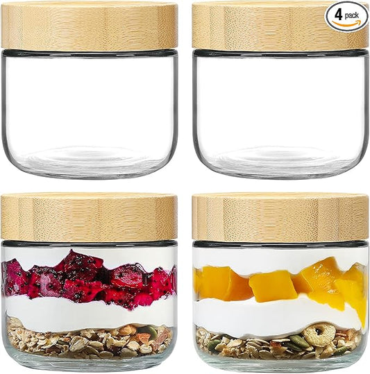 NETANY 4-pack 8oz Glass jars with Airtight Lids, Overnight Oats Containers with Bamboo Lids, Wide mouth Mason Salad jars, Glass Food Storage Containers for Snacks Yogurt Spice Sugar by NETANY
