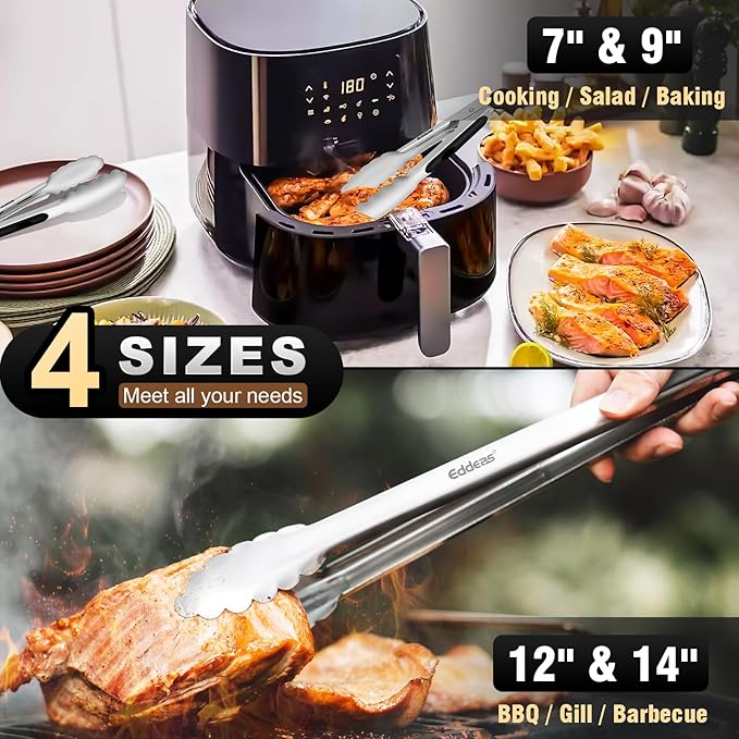 EDDEAS Grill Tongs - BBQ Tongs Heat Resistant 600 Degrees, Heavy Duty Metal, Perfect for Cooking, Grilling, Set of 4, 7",9",12" & 14 inch Black - Image 2