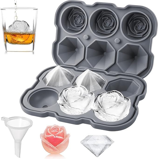 Ice Cube Tray, Mikiwon 2 inch Rose Ice Cube Trays With Covers, 3 Cavity Silicone Rose Ice Tray & 3 Diamond Ice Ball Maker, Easy Release Large Ice Cube Form for Chilled Cocktails, Whiskey Juice