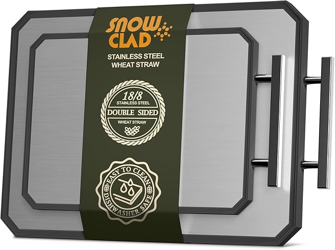 SNOWCLAD Stainless Steel Cutting Board,Double Sided Steel Cutting Board Set for kitchen,Stainless Steel/Wheat straw pp Large for meat,Dishwasher Safe [16 * 11+12 * 8.3 Inch] by SC-LLC